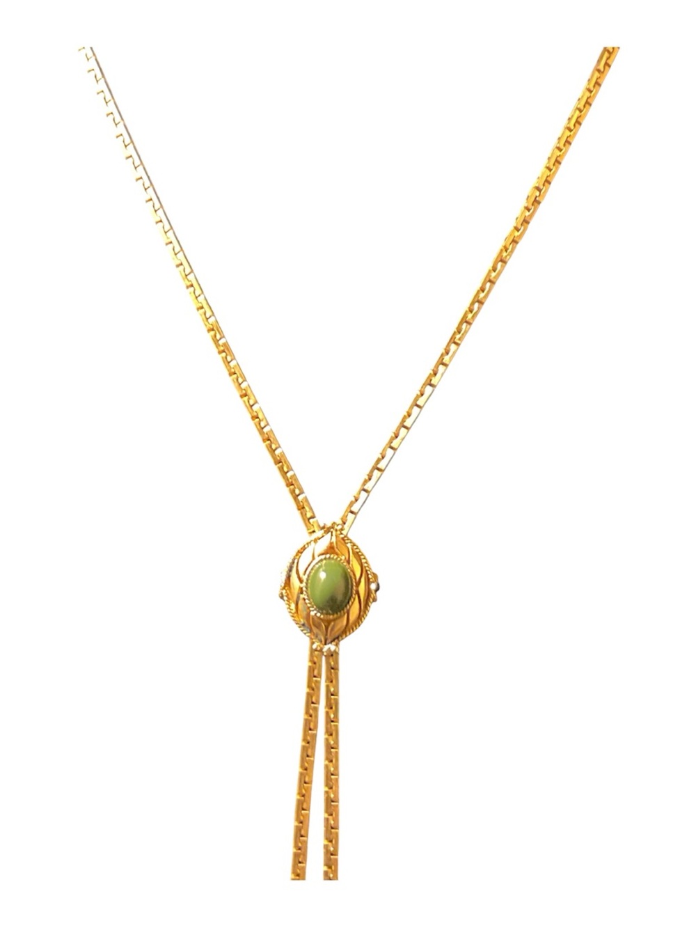 Sarah Coventry Lariat Faux Green Cabacon Gold-Tone Necklace